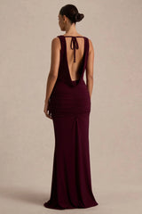 Mallie | Burgundy Cowl-Neck Maxi Dress With Open-Back And Gathered-Detailing