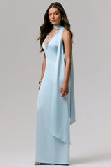 True Icon | Powder Blue Satin V-Neck Maxi Slip Dress With Sash