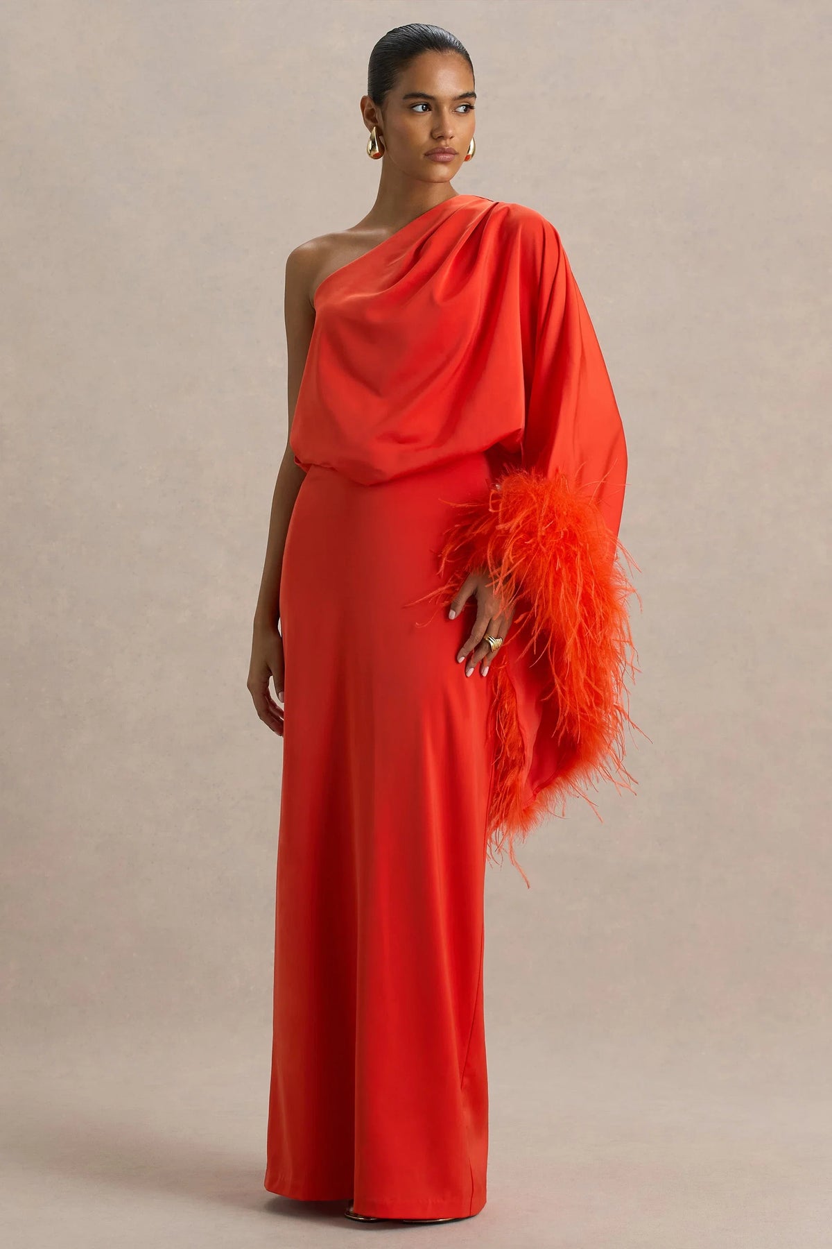 Felicity | Orange Satin Asymmetric-Neck Maxi Dress With Feather Detailing