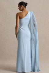 Athens | Powder Blue Asymmetric-Neck Maxi Dress With Cape Sleeve Detail