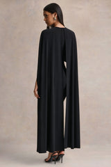 Kalani | Black Crew-Neck Midi Dress With Cape-Sleeves