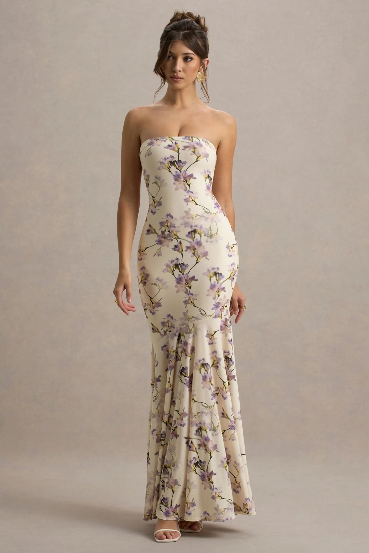 Callie | Lemon Floral Print Bandeau Fishtail Maxi Dress
