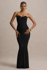 Talisa | Black Bandeau Ruched Maxi Dress With Mesh Fishtail