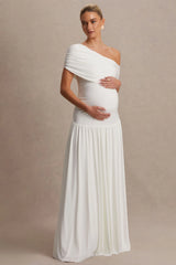 Noah | White Asymmetric-Neck Maternity Maxi Dress With Drop-Waist