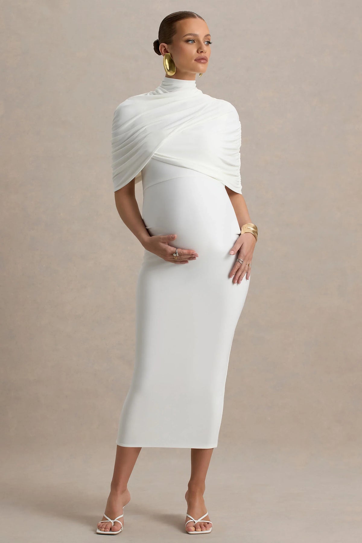 Augustina | White Maternity Midi Dress With Cape