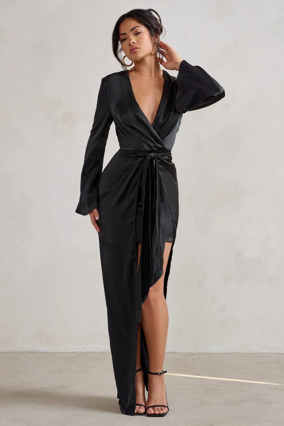 Patricia | Black Extreme Plunge Long Sleeve Maxi Dress With Tie Detail