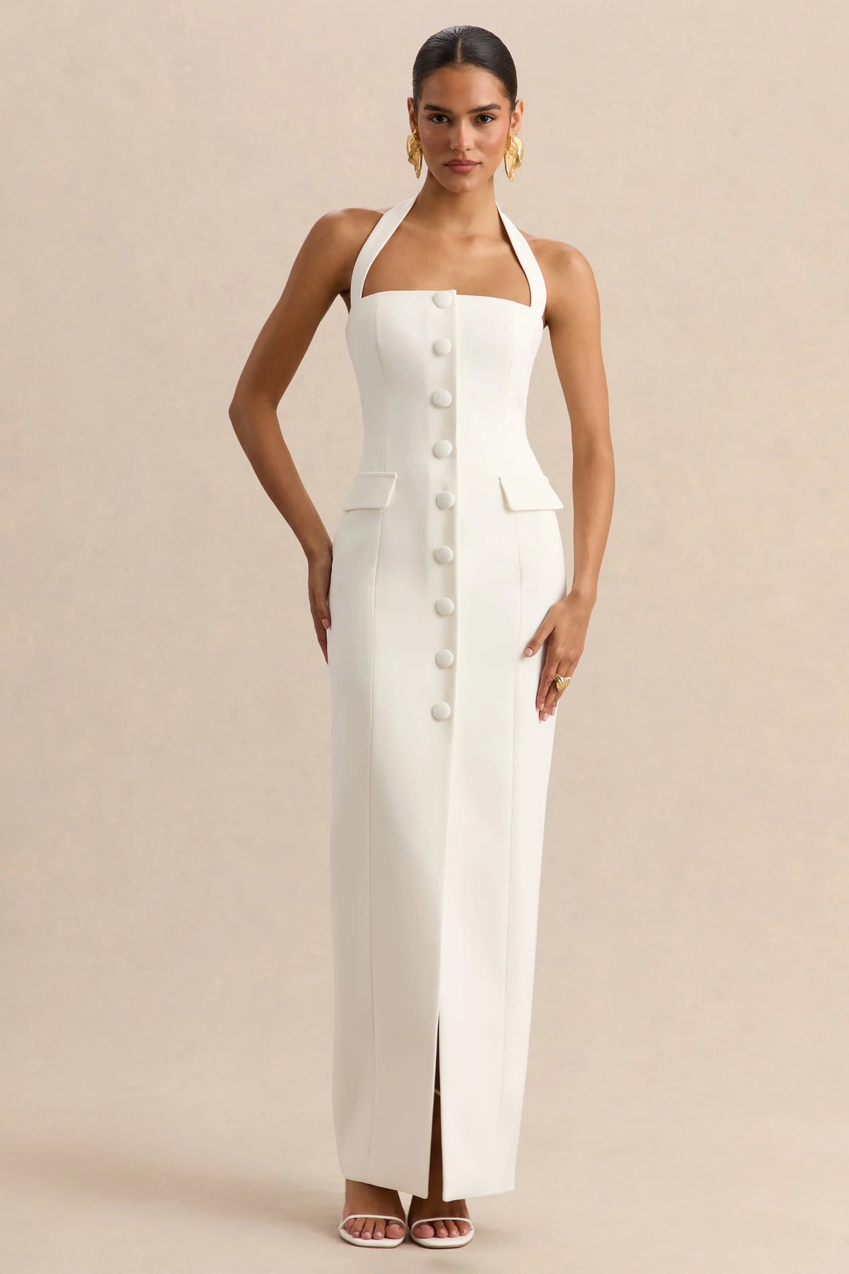 Steph | White Halter-Neck Tailored Maxi Dress