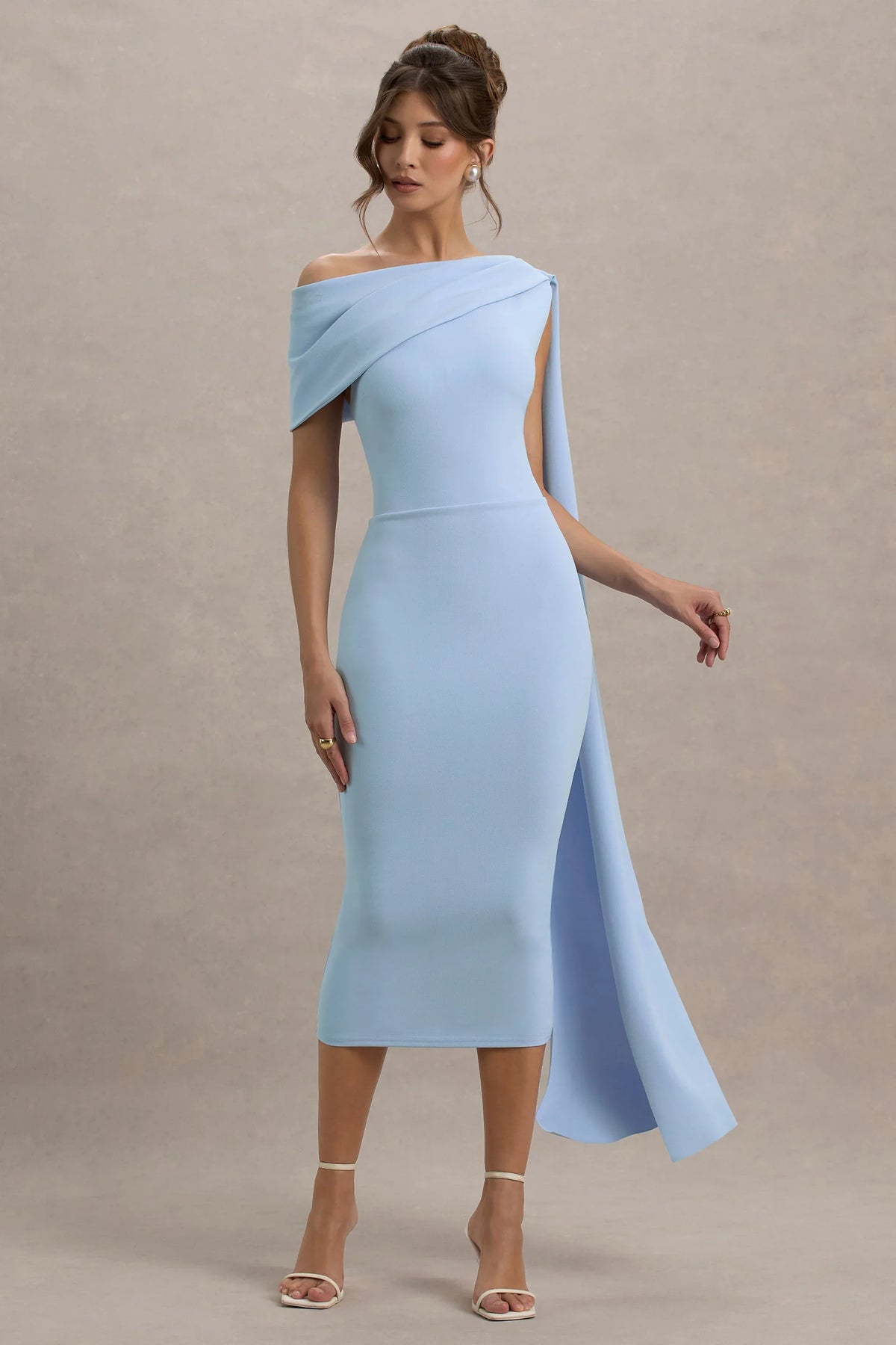 Niamh | Powder Blue Asymmetric Midi Dress With Drape