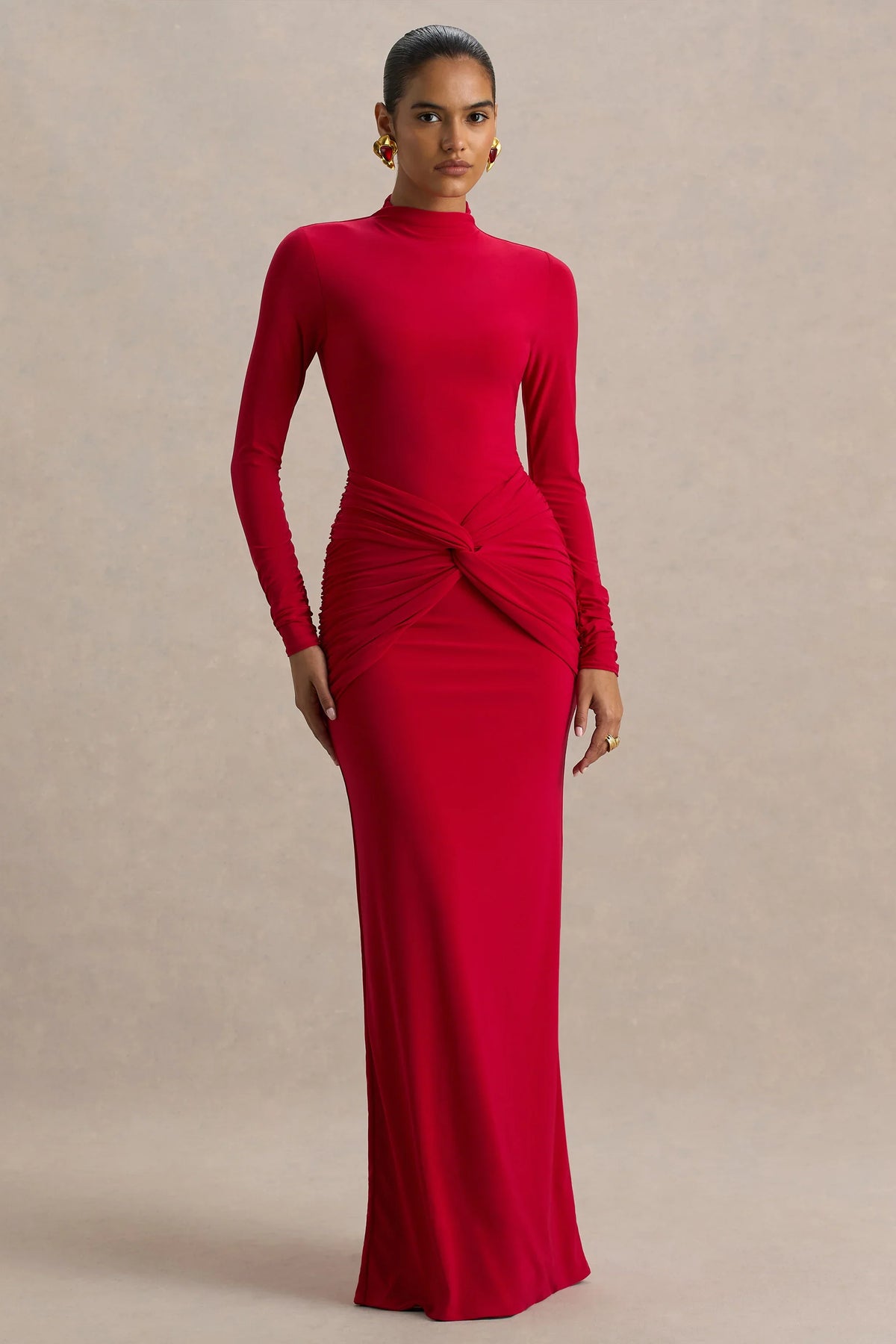 Alula | Red High-Neck Maxi Dress With Twist Detail