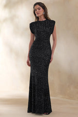 Aurah | Black Sequin Crew-Neck Maxi Dress With Cap Sleeves