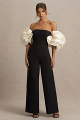 Panama | Black Bardot Jumpsuit With Cream Puff Sleeves
