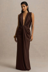 Serafina | Chocolate Extreme-Plunge Neck Maxi Dress With Wrap And Ruched Details