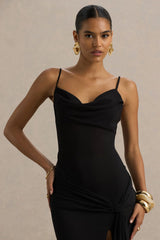 Virtue | Black Cowl-Neck Fishtail Maxi Dress With Split