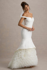 The Greatest | White & Cream Bardot Maxi Dress With Tulle Skirt