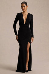 Command | Black Plunge-Neck Maxi Dress With Front-High Split