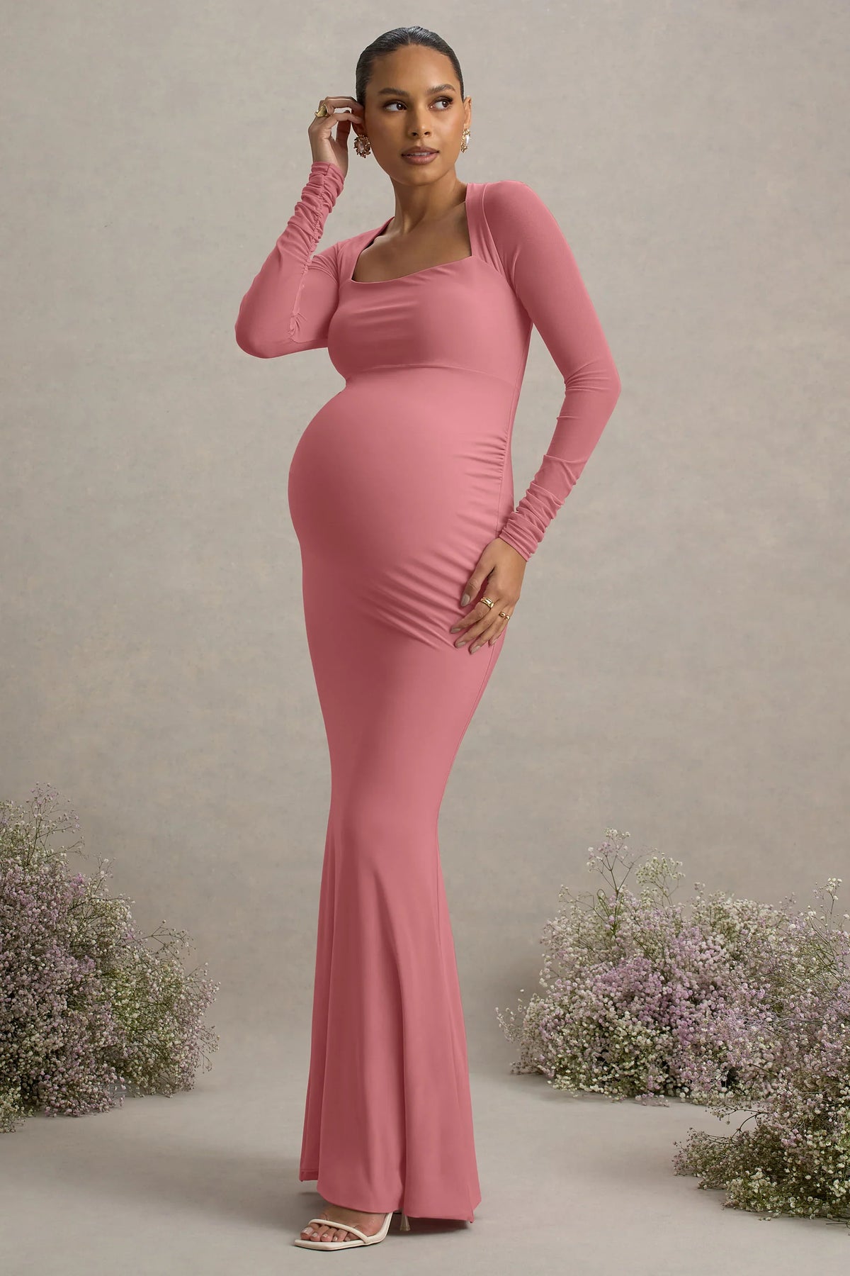 Abeam | Blush Pink Maternity Maxi Dress With Sheer Sleeves