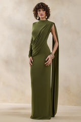 Oliria | Olive High-Neck Maxi Dress With One-Long Sleeve And Sash-Detail