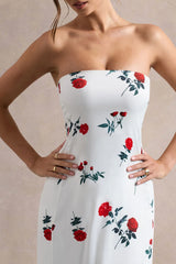 Azra | Rose Print Satin Bandeau Maxi Dress