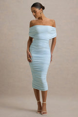Rayleigh | Powder Blue Bardot Ruched Midi Dress