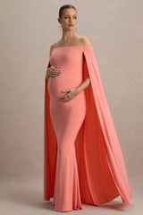 Radiance | Coral Bardot Maternity Maxi Dress With Cape