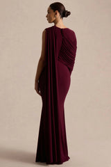 Rubelle | Burgundy Asymmetric Neck Maxi Dress With Draped Detailing