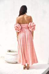 High Tea Off Shoulder Maxi Dress Pink