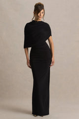 Glitz | Black High-Neck Maxi Dress With Cape Sleeve and Ruched Detail