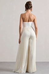 Lorelai | Cream Corset Plisse Wide-Leg Jumpsuit