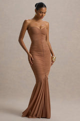 Talisa | Mocha Bandeau Ruched Maxi Dress With Mesh Fishtail