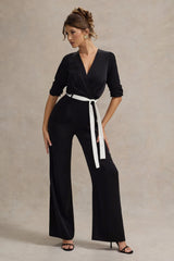 Ruba | Black Tailored Plunge Jumpsuit With Tie Waist