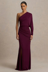 Lola | Burgundy Asymmetric-Neck Maxi Dress With Ruched Detailing And Front High-Split