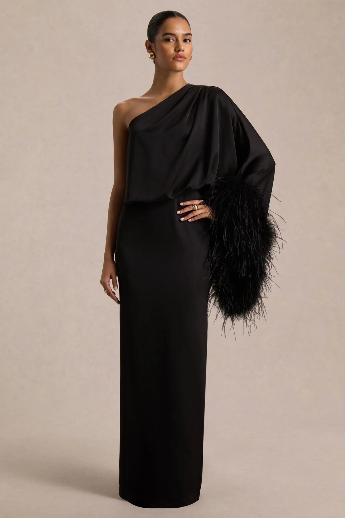 Felicity | Black Satin Asymmetric-Neck Maxi Dress With Feather Detailing