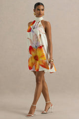 Evita | Orange Floral High-Neck Satin Mini Dress