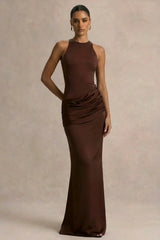 Akari | Brown Crew-Neck Maxi Dress With Satin Skirt