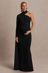 Tessy | Black Asymmetric-Neck Maternity Maxi Dress With Cape-Sleeve