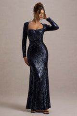 Ensley | Navy Sequin Sweetheart Long-Sleeve Maxi Dress