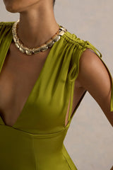 Ysabella | Olive Satin Plunge-Neck Split Maxi Dress