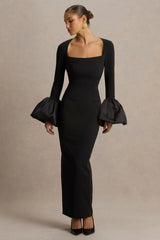 Retreat | Black Square-Neck Maxi Dress With Satin Puff-Sleeves