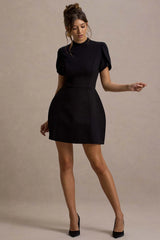 Carabella | Black High-Neck Short-Sleeve Mini Dress