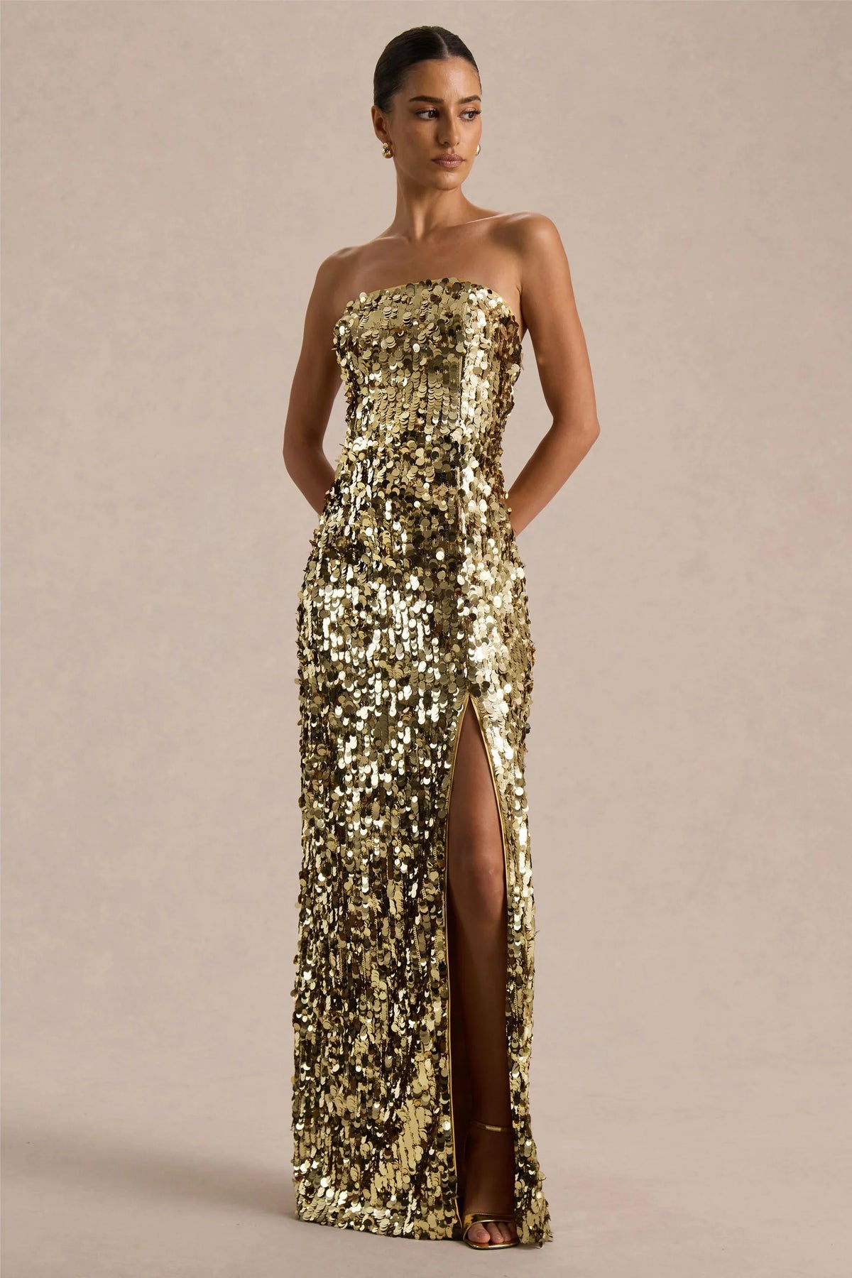 Nerea | Gold Sequin Bandeau Maxi Dress With Front High-Split