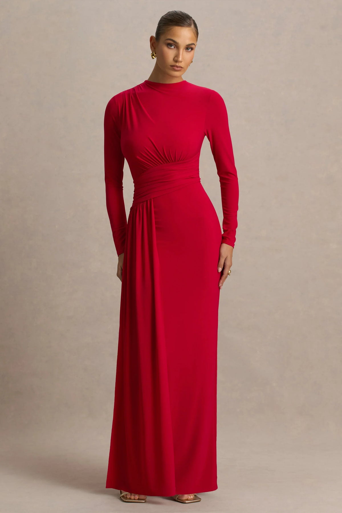 Virelle | Red Boat-Neck Maxi Dress With Wrap Detail And Sash