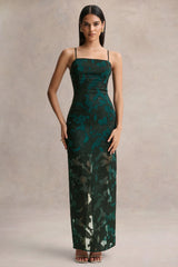 Hada | Dark Green Satin Devore Square-Neck Maxi Dress With Removable Twisted-Cape