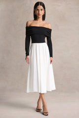 Frederica | Black And White Bardot-Neck Midi Dress