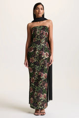 Cora | Winter Floral Embellished Mesh Bandeau Maxi Dress With Scarf