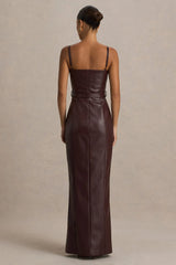 Lila | Burgundy Faux Leather Plunge-Neck Maxi Dress With Split