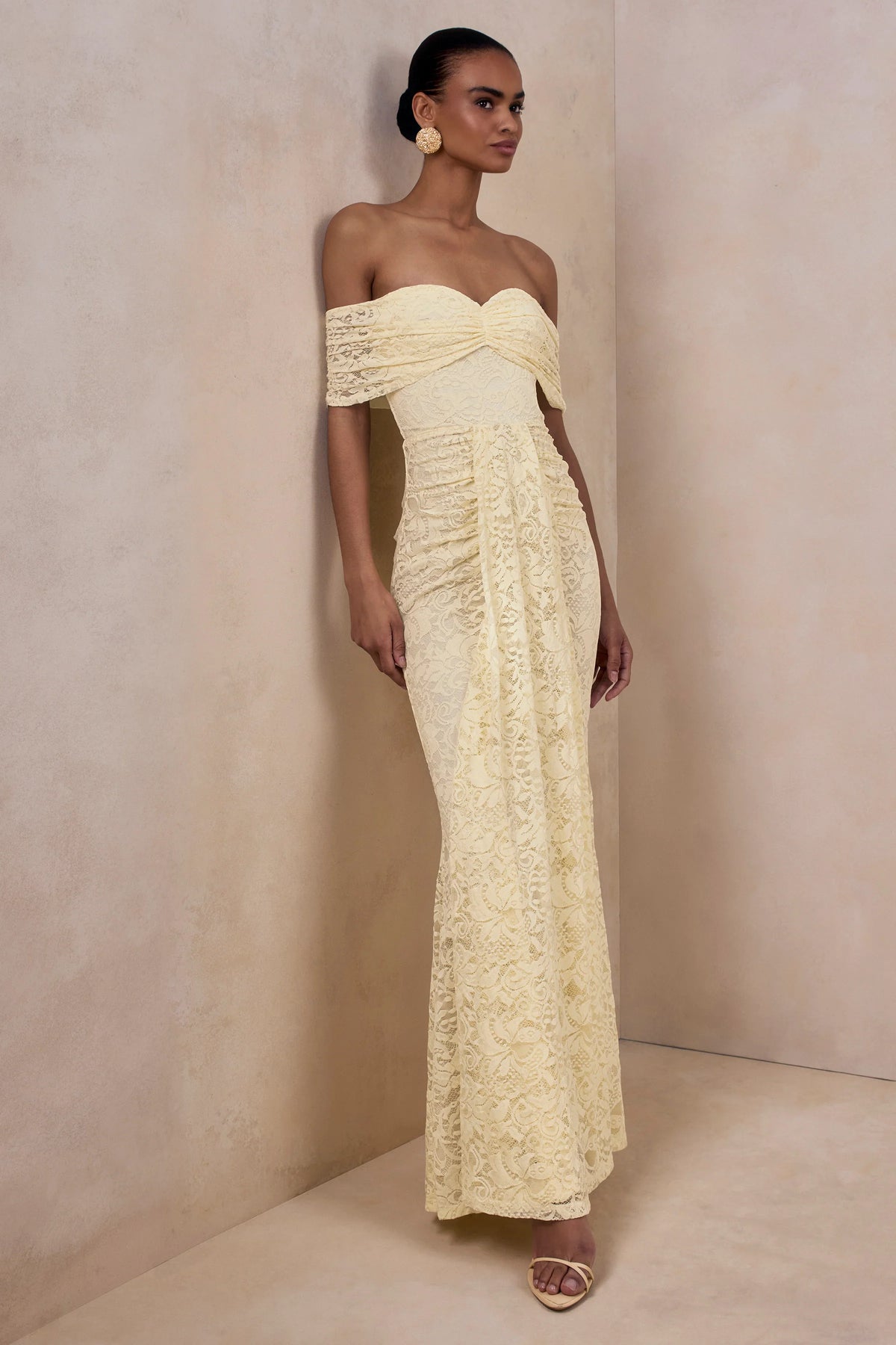 Aries | Lemon Lace Bardot-Neck Maxi Dress With Gathered Detailing