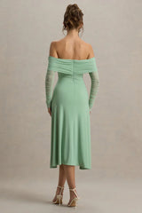 Flatter Me | Light Green Bardot Midi Dress With Mesh Sleeves