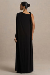 Cressida | Black Asymmetric-Neck Maxi Dress With Cape And Gold Detail