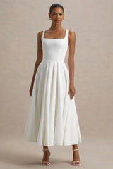 Parina | White Strappy Volume-Hem Midi Dress