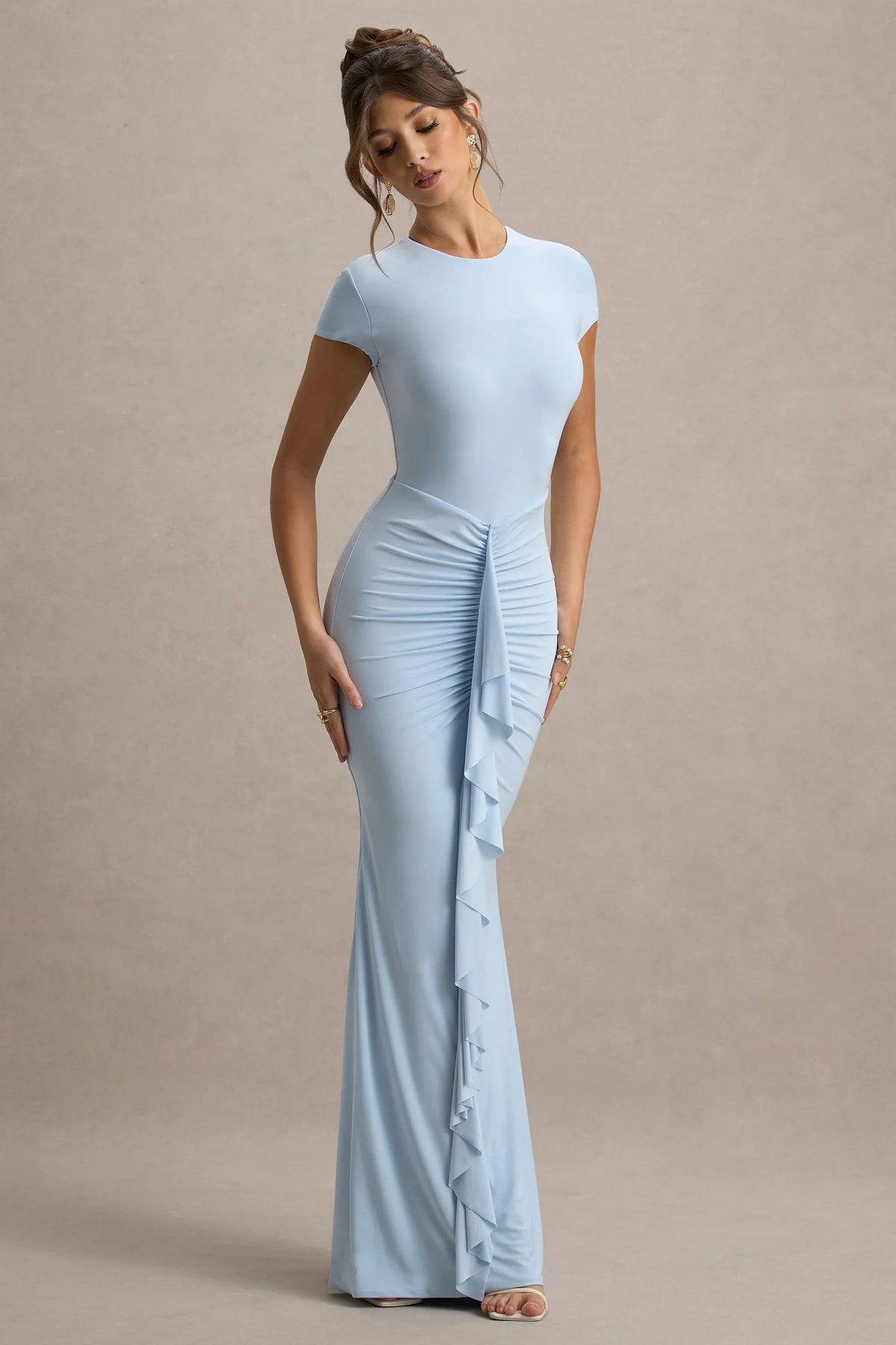Vincenza | Powder Blue Short-Sleeve Gathered Maxi Dress
